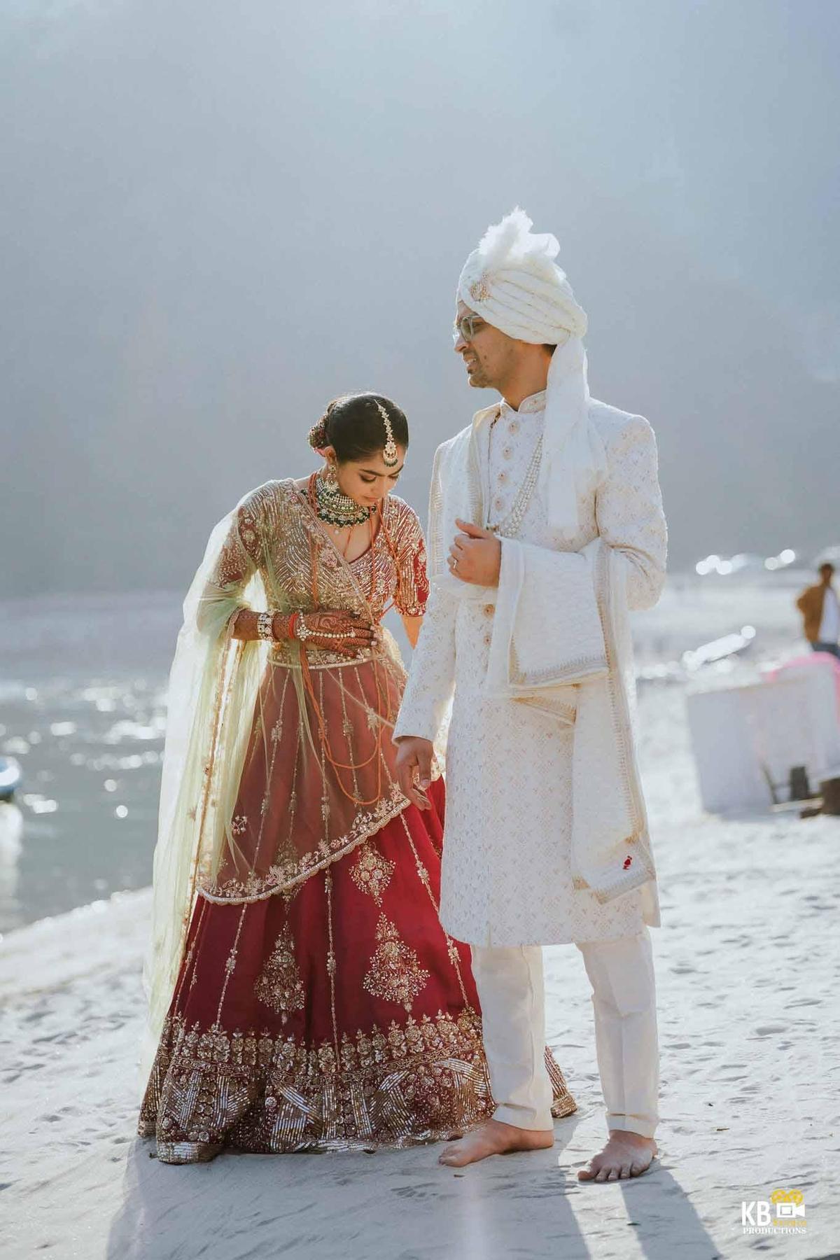 Pre wedding couple shoot in Rishikesh with bride and groom in elegant wedding attire