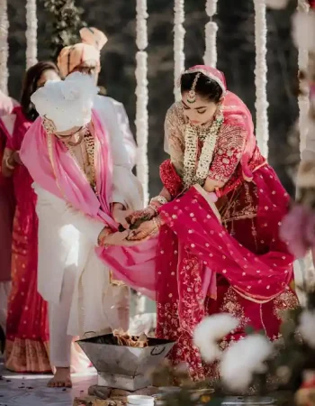 Bride and groom at traditional mandap during destination wedding in Indore, captured by KB Studio Productions
