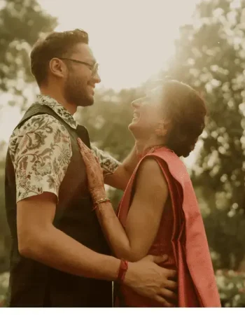 Romantic couple photoshoot at sunset time with golden hour lighting
