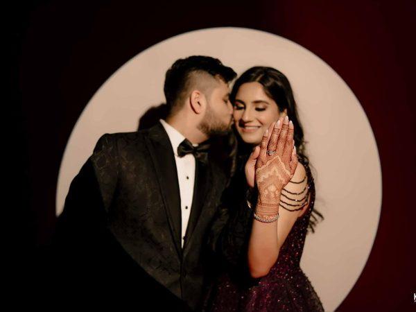 Indian couple in cinematic engagement photoshoot with elegant lighting and romantic poses by KB Studio Productions